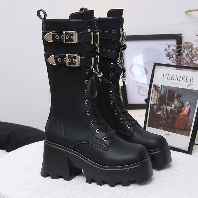 Autumn Women Punk Style Platform Mid-calf Boots Thick Sole Leather Motorcycle Boots 9CM Chunky Metal Buckle Short Boots Woman