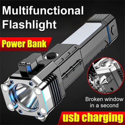Led Flashlight with Safety Hammer Work Light Emergency Self-Rescue Broken Window Torch USB Rechargeable Tactical Light Lantern