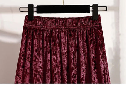 Autumn Winter Girls New A-line Velvet Skirt 2025 Plus Size Gold Velvet Half Pleated Skirt Solid Versatile High Waist Mid Skirt