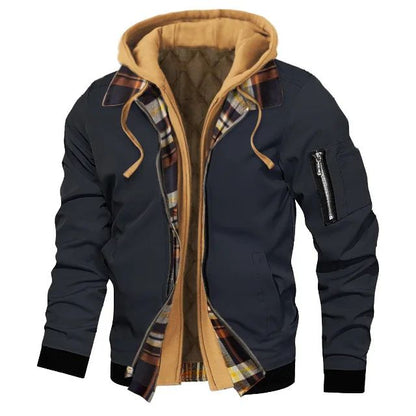 Jaqueta masculina de moletom com capuz outono inverno casual cor sólida falsa de duas peças com zíper e manga comprida quente