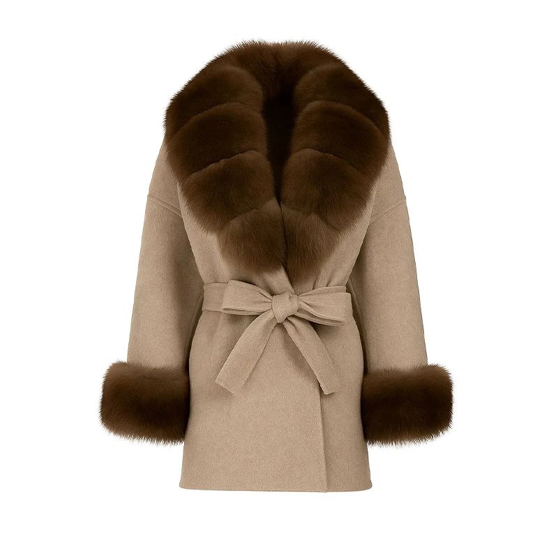 Elegant Fur Collar Woolen Coat Women Contrast Full Sleeve Turn-down Collar Loose Lace Up Coats Female 2025 Autumn Lady Outwears