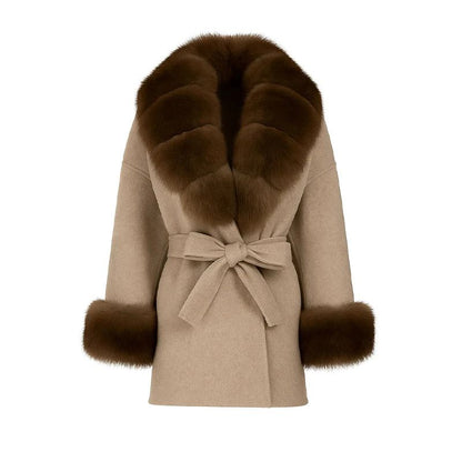 Elegant Fur Collar Woolen Coat Women Contrast Full Sleeve Turn-down Collar Loose Lace Up Coats Female 2025 Autumn Lady Outwears