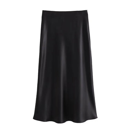 Willshela 2024 Black Satin Skirt Woman High Waist Elegant Long Skirts For Women Fashion Summer Midi Skirt Office Women's Skirts