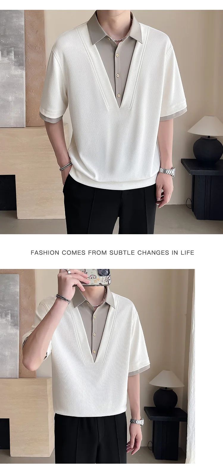 2025 summer new men's fake two-piece shirt, men's clothing, trendy brand, casual, high-end short-sleeved polo shirt