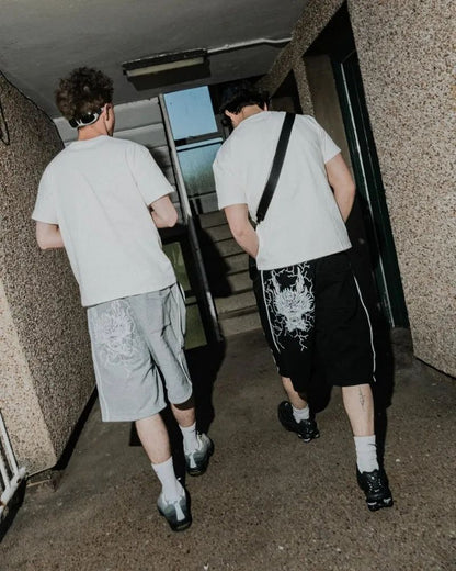 American Hip-hop Dragon Head Striped Casual Loose Shorts Men 2025 High Street Retro Punk Fashion Oversized Straight Pants Women