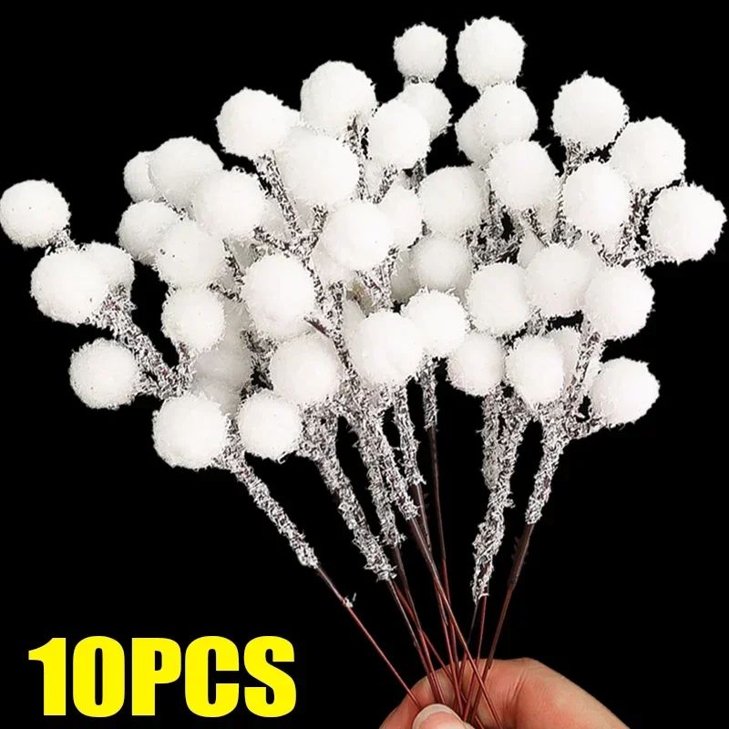 5/200pcs Artificial White Berry Stem Frosted Christmas Berries Branch Snow Tipped Stems Twigs Wreath Xmas Tree Fillers Ornament