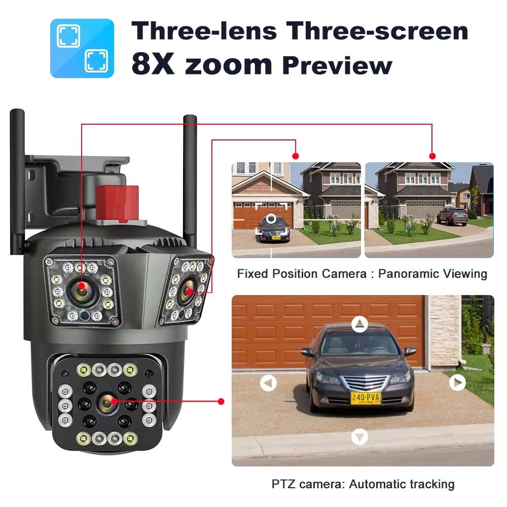 8K 12MP Outdoor WiFi Camera 12X Zoom Four Lens Three Screen PTZ Camera 360° Surveillance Cameras Motion Tracking Security Camera