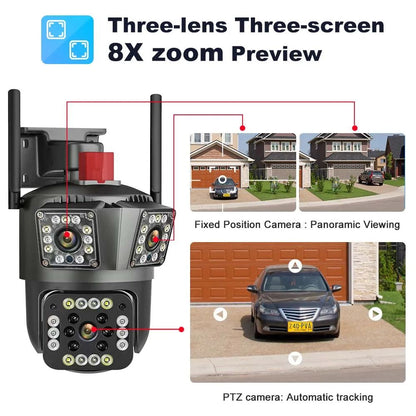 8K 12MP Outdoor WiFi Camera 12X Zoom Four Lens Three Screen PTZ Camera 360° Surveillance Cameras Motion Tracking Security Camera