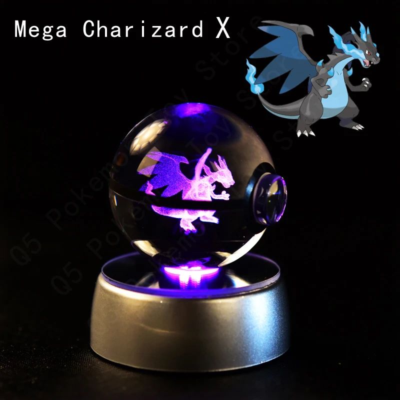 Esfera de Cristal 3D Pokémon 7CM 5CM Mewtwo Pikachu Gengar Bola de Cristal de Vidro Pokémon Pokebola Luminária Noturna LED com Base de Presente