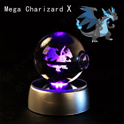 Esfera de Cristal 3D Pokémon 7CM 5CM Mewtwo Pikachu Gengar Bola de Cristal de Vidro Pokémon Pokebola Luminária Noturna LED com Base de Presente