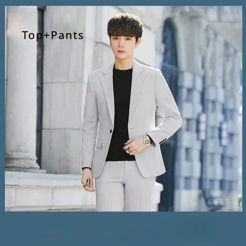 S-6XL Men's Business Casual Suit Korean Style Trendy Slim Fit 2 Piece Set Solid Color ?Blazer+ Pants )Groom Wedding Dress Party