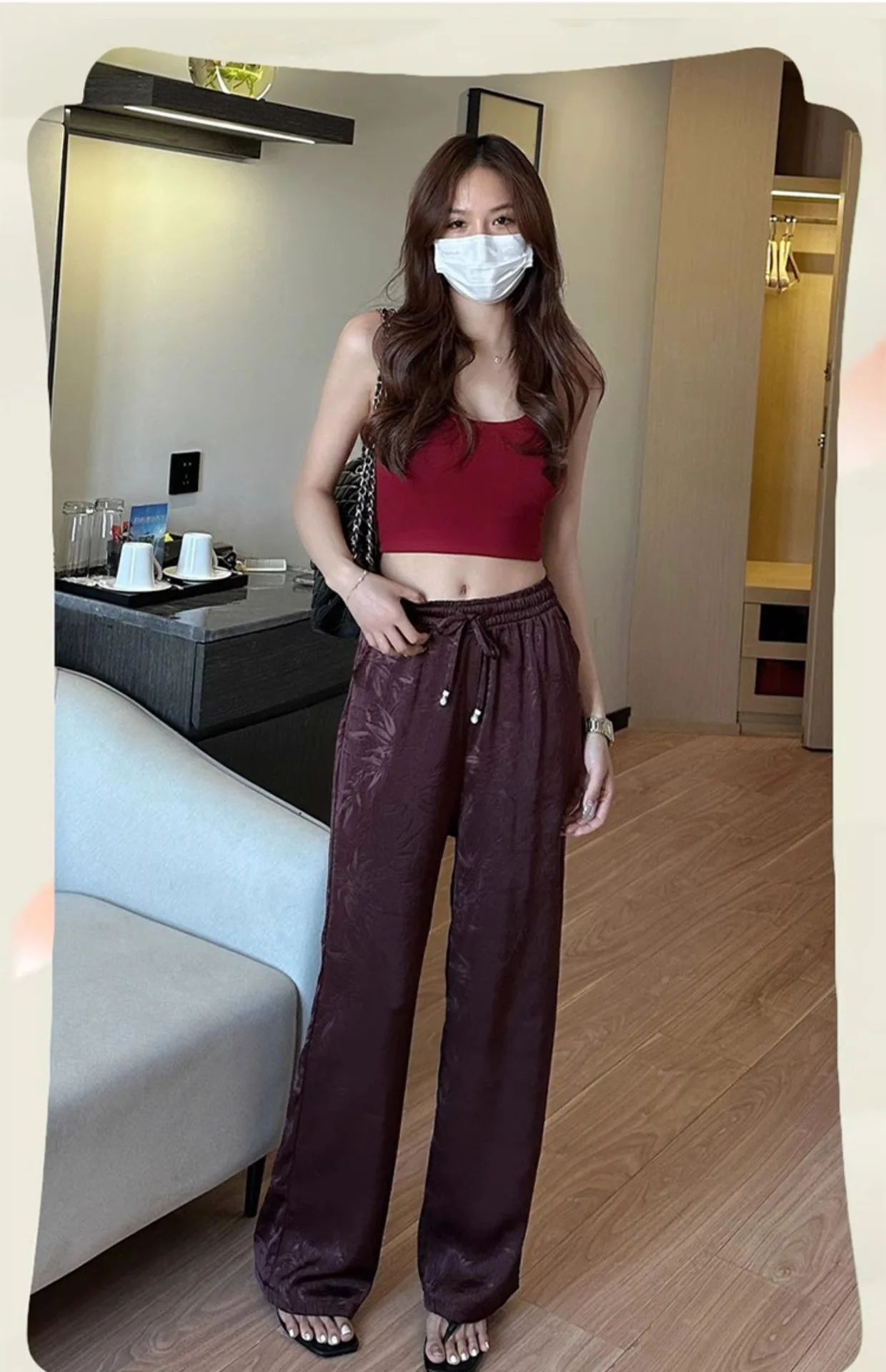 Plus Size Acetate Wide Leg Pants Women's Spring Autumn National Style Print High Waist Slimming Drapey Cool Large Size Women'...