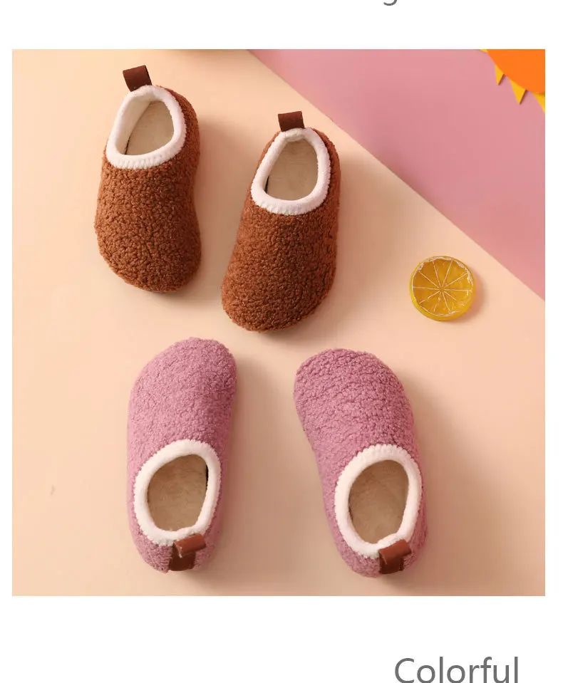 Children Cotton Slippers Solid Warm Kids Winter Home Shoes Boys Girls Plush Floor Shoes Indoor Soft Sole Anti-slip Cotton Shoes