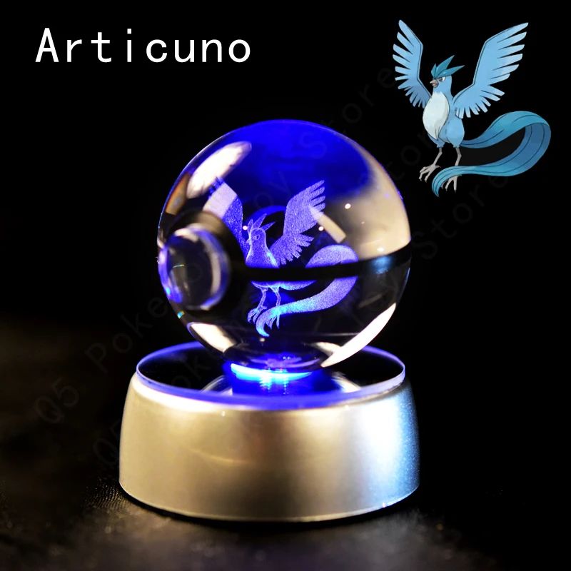 Esfera de Cristal 3D Pokémon 7CM 5CM Mewtwo Pikachu Gengar Bola de Cristal de Vidro Pokémon Pokebola Luminária Noturna LED com Base de Presente