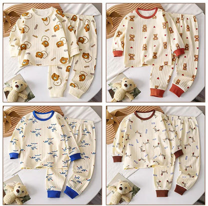Kids Boys Girls Pure Cotton Warm Pajamas Cute Cartoon Long Sleeve T-Shirt + Pants Toddler Baby Autumn Underwear Clothing Sets