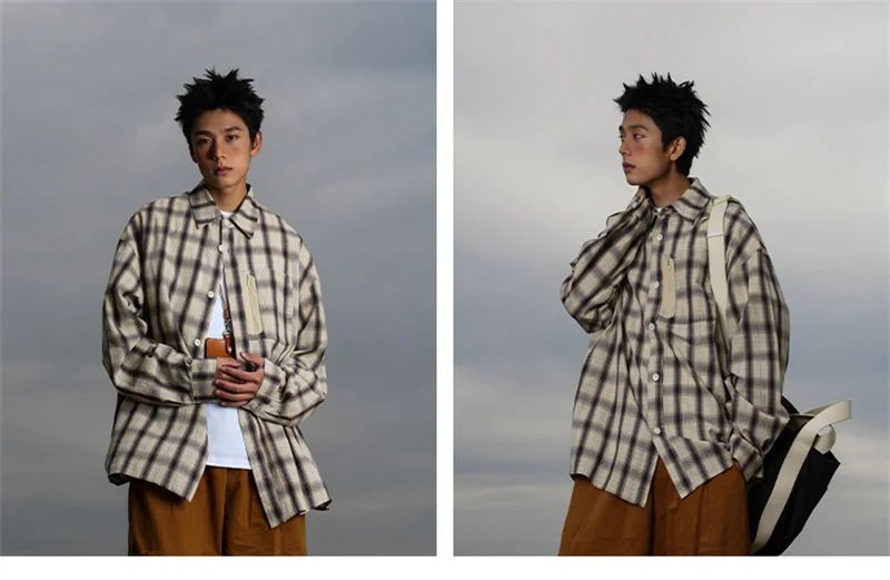 Autumn Y2K Vintage Plaid Shirts For Men Long Sleeve Button Up Blouse Korean Fashion Zip Pocket Cargo Shirt Streetwear Clothes