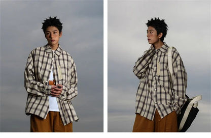 Autumn Y2K Vintage Plaid Shirts For Men Long Sleeve Button Up Blouse Korean Fashion Zip Pocket Cargo Shirt Streetwear Clothes