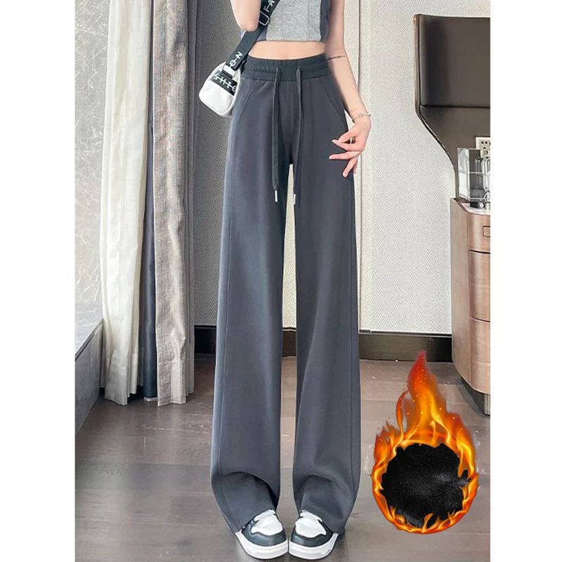 Winter Female Chic High Waist Straight Leg Thermal Pants Women Plush Casual Baggy Trousers Girls Snow Warm Fleece Pants