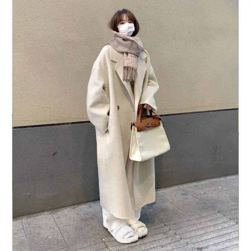 Winter Long Pink Woolen Coat French Hepburn Style Loose Casual Slimming Knee-Length Tweed Outerwear Women's Fashion