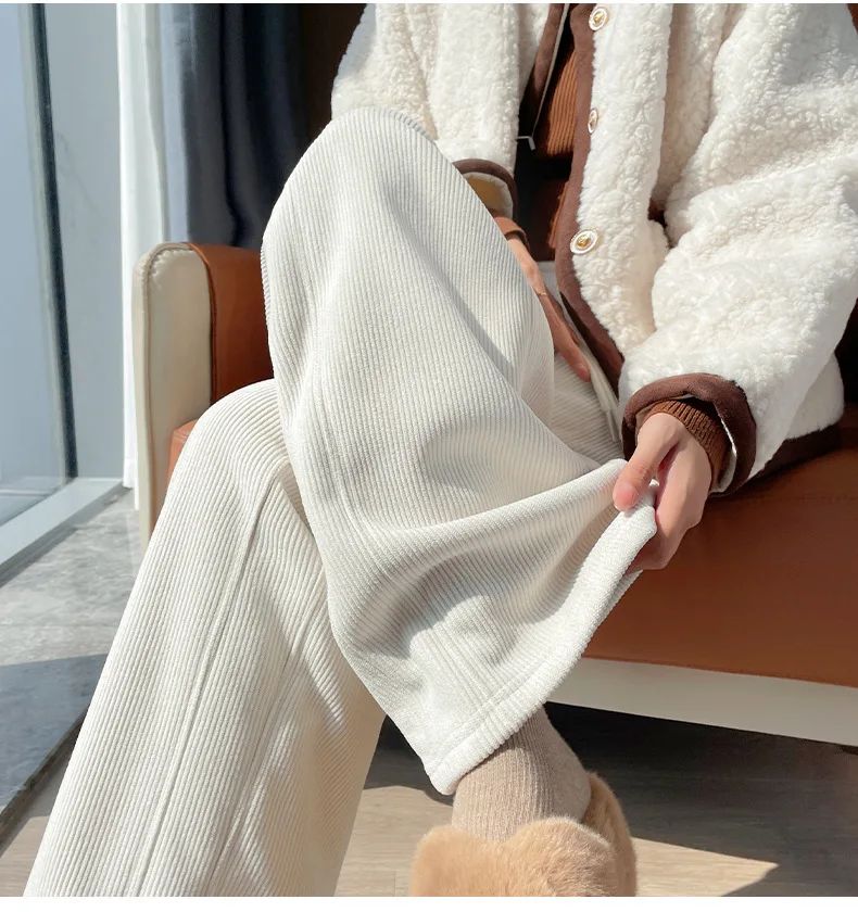 Winter Fleece Thickened High Waist Warm Trousers for Women Solid Color Loose Elastic Waist Straight Casual Pants