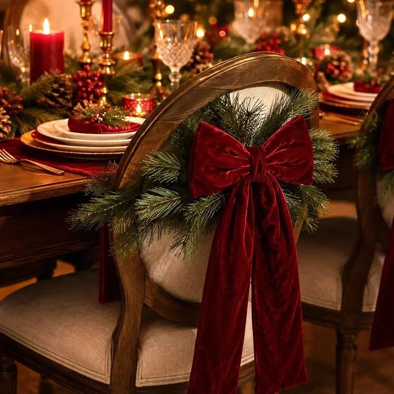 Large Size Bowknot Pendant Hanging Xmas Ornament DIY Home Party Christmas Tree Decorations Velvet Bow Burgundy Style Supplies