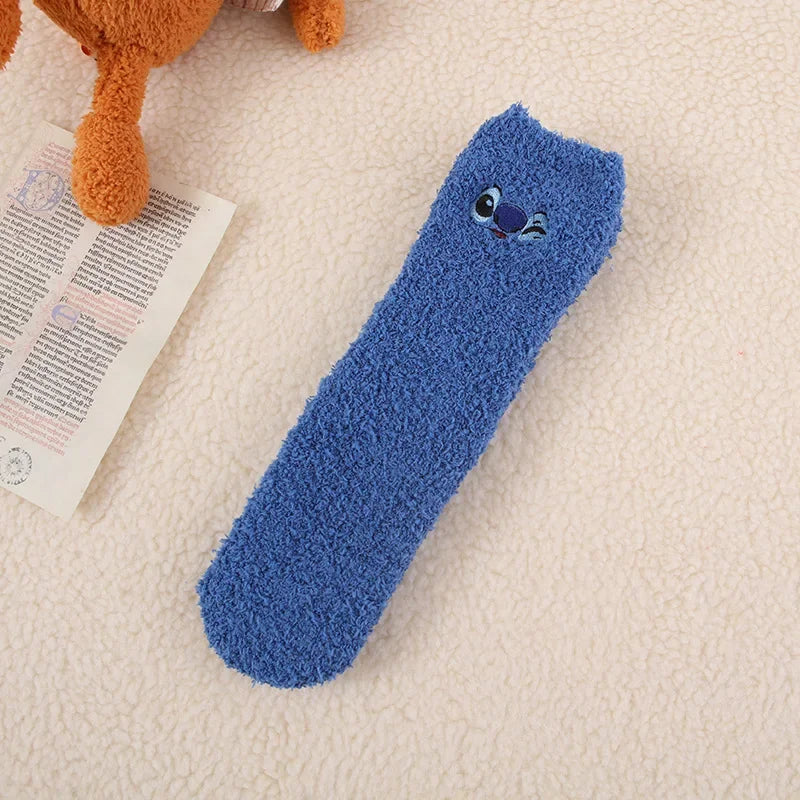 Disney Stitch Fluffy Sock Anime Winter Warm Thickened Coral Fleece Socks Soft Comfortable Sleeping Embroidery Anti-slip Socks