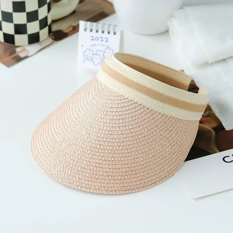 2025 New Summer Outdoor Visor Cap Casual Shade Hat Straw Wide Empty Top Sun Hat Anti Uv Female Large Brim Beach Sunhat Lady