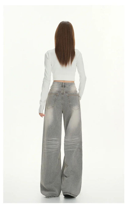 Gray American High Street Wide Leg Jeans Women Loose Drapey Slim Straight Floor-Length Pants High Waist Button Decoration