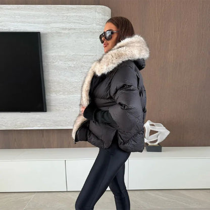 Faux Fur Spliced Hooded Cotton Jackets Women Zipper Long Sleeve Pocket Warm Coats 2025 Winter Fashion Solid Down Jacket New