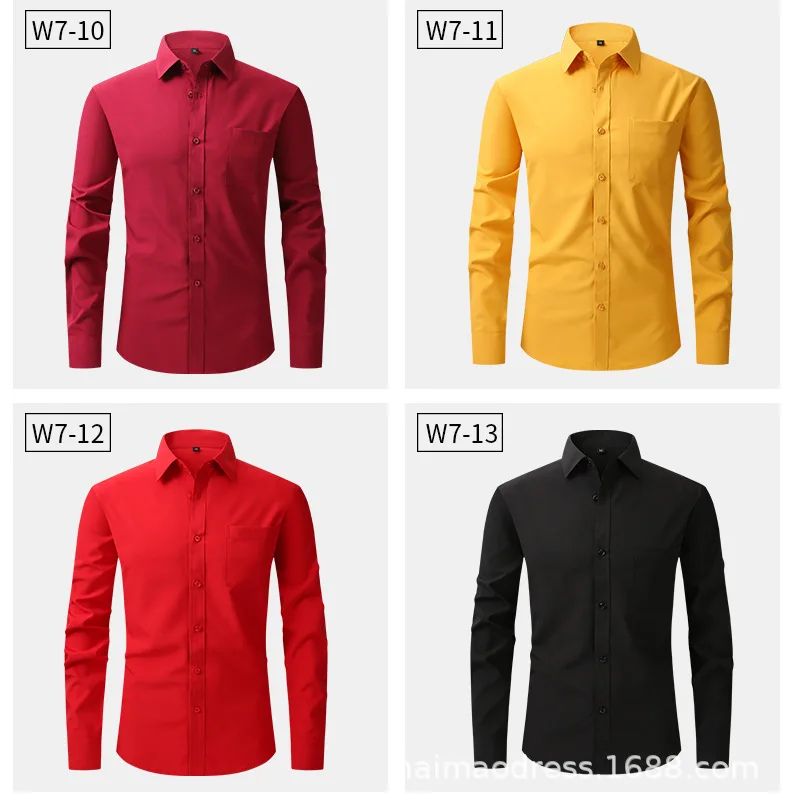 Iron-Free Long Sleeve Silk Smooth Drapey Wedding Shirt for Men Summer Business Formal Wine Red Large Size Men's Clothing