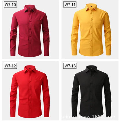 Iron-Free Long Sleeve Silk Smooth Drapey Wedding Shirt for Men Summer Business Formal Wine Red Large Size Men's Clothing