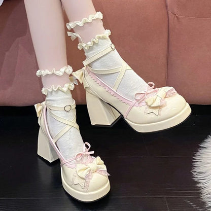 Spring/Autumn New Style Round Toe Square Heel Increased Fashion Elegant High Heel Women's Shoes Bow Decorated Mary Jane Shoes