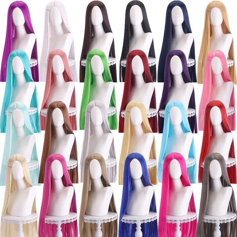 Peruca Cosplay Longa Lisa 100cm Partida ao Centro Divisão Central Loiro Rosa Vermelho Roxo Resistente ao Calor Perucas de Cabelo Sintético