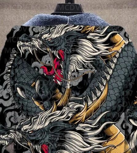 Men's Retro Print Plush Thick Long-Sleeved Coat Cardigan Dragon 3D Prined Fleece Hooded Overcoat Unisex Thick Warm Jacket