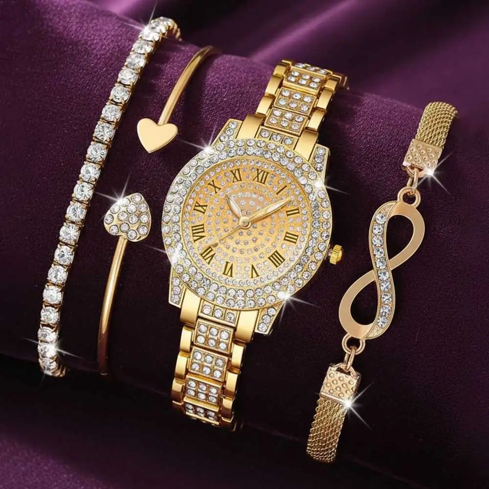 4 Pieces Fashionable Luxury Women's Watch Set with Rhinestone Roman Numbers Round Dial Watch Quartz Bracelet Perfect Gift Set