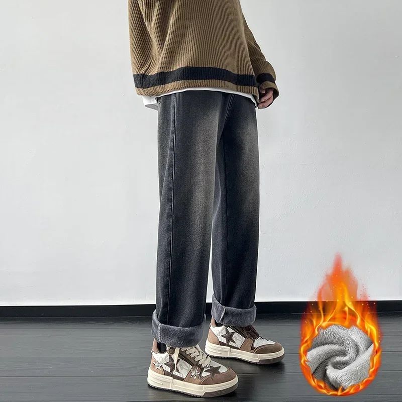 4 Colors Winter Fleece Men's Jeans Baggy Straight Elastic Waist Denim Pants Fashion Korean Thickened Warm Male Thermal Trousers
