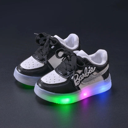 Girls Light-Emitting Sneakers Cartoon Board Shoes Breathable Breathable Leather Casual Shoes Fashion LED Shine Running Shoes