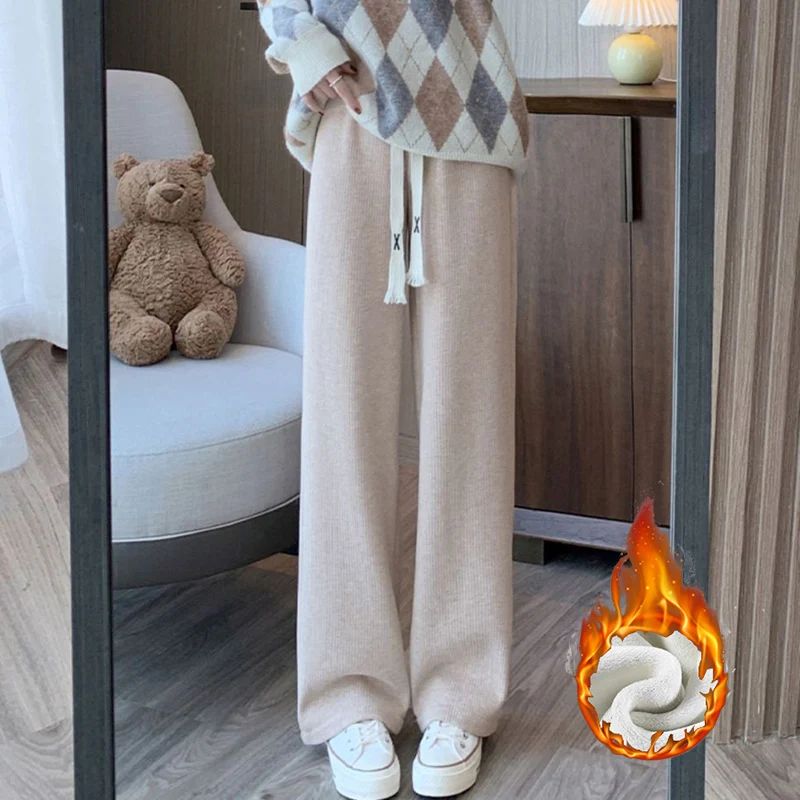 Winter Lady Korean Fashion High Waist Fleece Pants Women Slim Fit Straight Leg Plush Trousers Girls Snow Warm Casual Pants