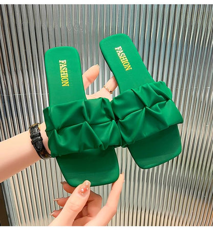 Summer Slippers For Women Flip Flops Flats 2024 New Pleated Korean Slippers Women Sandals Green Slip On Shoes Big Size 35-42