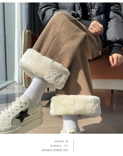 Winter Fleece Thickened High Waist Warm Trousers for Women Solid Color Loose Elastic Waist Straight Casual Pants