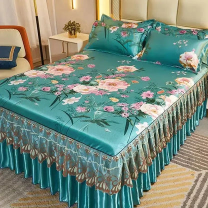 Kit 3 Peças de Lençol de Casal com Renda Clássica Azul Royal, Saia para Cama, Colcha de Casamento Lavável à Máquina, Capa de Colchão