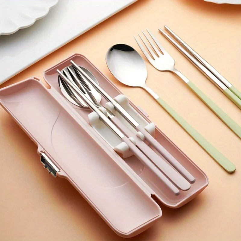 3 peças de talheres portáteis de aço inoxidável, colher, garfo e pauzinhos, caixa de armazenamento, conjunto de viagem para exterior, piquenique, escola, Ano Novo