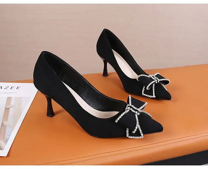 Versatile New Single Shoes Autumn and Winter  Sexy Pointy Rhinestone Black Mature Women's Thin Heels High-heel Zapatos Mujer