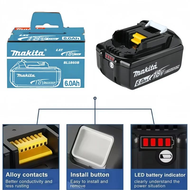 Bateria original Makita 18v para ferramenta elétrica recarregável, bateria substituível de íons de lítio 5Ah/6Ah, 1850 BL1860B 6ah