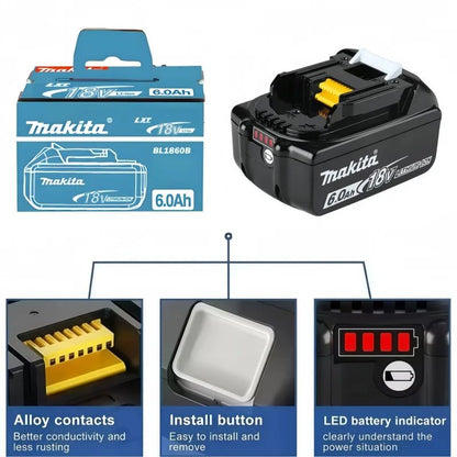 Bateria original Makita 18v para ferramenta elétrica recarregável, bateria substituível de íons de lítio 5Ah/6Ah, 1850 BL1860B 6ah