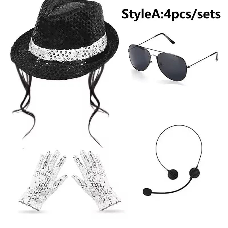 Disco Stage Performance Sequin Hat Tie Glove Set Michael Jackson Cosplay Style Sparkly Costume For Dance Party Halloween Gift
