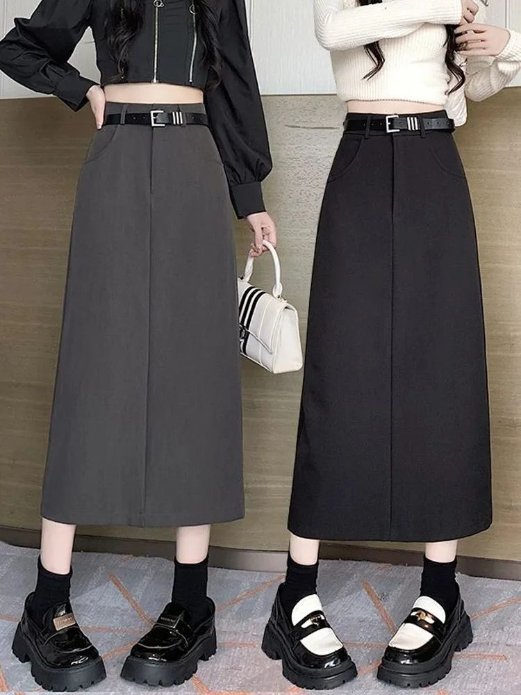 Grey High-waisted A- line Skirt Half Dress Petite Long Dress Autumn/winter For Women Side Slit Workwear