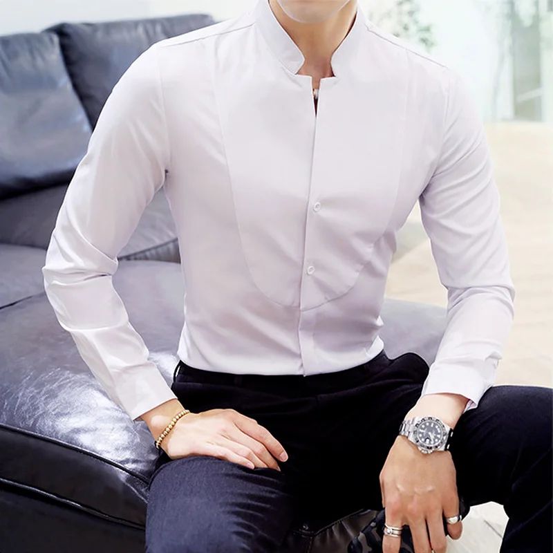 Mens Long Sleeve Shirt Autumn High Quality Stand Collar Casual Slim Solid Color Shirt Oversized Size 5XL Fashion Men Clothing