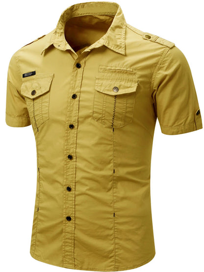 New Fashion Men's Casual Military Tactical Shirt Summer Short Sleeve Solid Color Cargo Work Shirts with Pocket