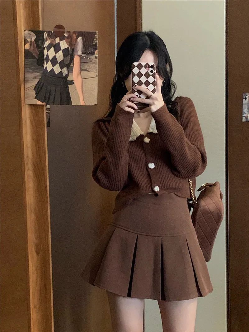 Vintage Brown Pleated Skirt Women Spring Summer Korean Style Y2K High Waisted A-line Mini Skirts Preppy Style Girls Causal